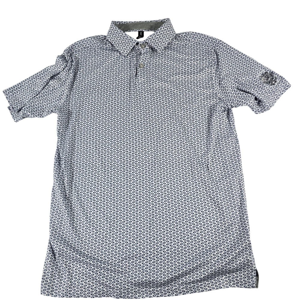 AndersonOrd Mens‎ Performance Golf Polo Shirt Small White Navy Fish Hook Print